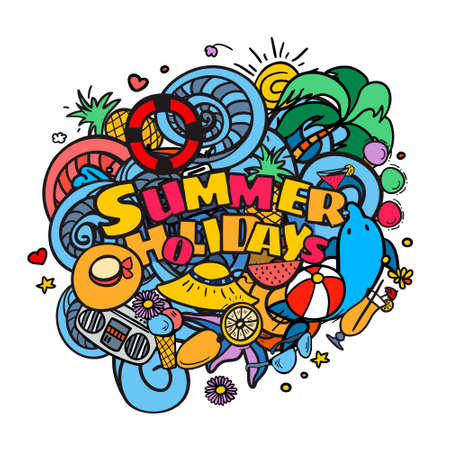 Summer holidays hand lettering and doodle elements background. Vector illustration in color for web, print and mobile.のイラスト素材
