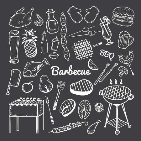 Vector hand drawn doodle of Grill and BBQ. Vector illustration of grill and BBQ stuff. Hand-drawn barbecue doodles on blackboard. Icons for web, mobile and print. Barbecue logos and iconsのイラスト素材