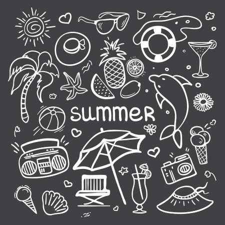 Vector sketchy line art Doodle cartoon set of objects and symbols for summer holidays on blackboard. Vector illustration for web, mobile and print.のイラスト素材