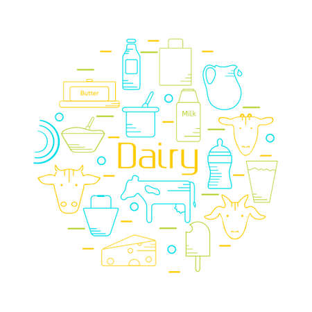 Dairy colorful line icons set in circle shape. Design concept for festive banner and advertisement. Vector illustration. Icons for web, mobile and print. White background.のイラスト素材