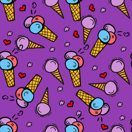 Ice-cream seamless pattern. Ice-cream hand-drawn doodle pattern on colorful background. Vector illustration for web, mobile and print.のイラスト素材