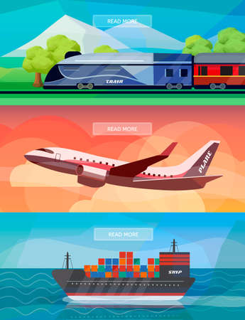 Set of logistics routes banners. Banners with train, plane and ship. Low polygon vector illustrations for logistics use.のイラスト素材