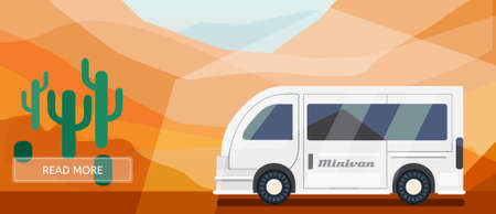 Logistic routes minivan banner. Logistics minivan banner for industry, web and print. Flat style vector illustration of a minivan in desert.のイラスト素材