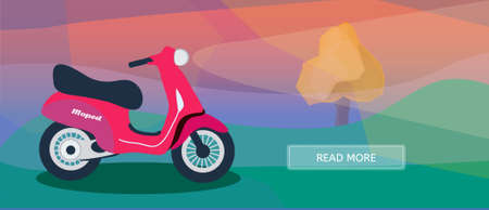 Logistic routes courier moped banner. Logistics scooter banner for industry, web and print. Flat style vector illustration of a courier moped.のイラスト素材