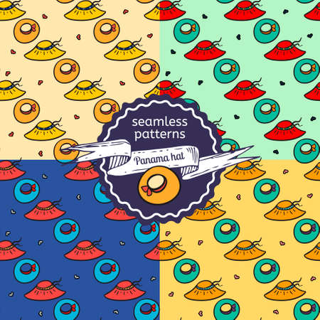 Panama patterns set. Set of four colorful seamless patterns with panama hats. Vector illustration for web, textile, mobile and print.のイラスト素材