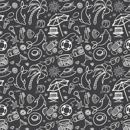 Summer holidays seamless pattern. Vector illustration for web, print, textile and advertisment. Hand-drawn summer doodle pattern on black background.のイラスト素材