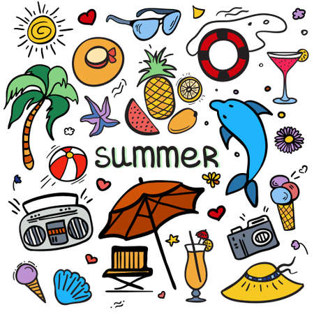 Vector colorful sketchy line art Doodle cartoon set of objects and symbols for summer holidays.  Vector illustration for web, mobile and print.のイラスト素材