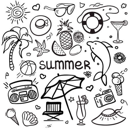 Vector sketchy line art Doodle cartoon set of objects and symbols for summer holidays. Vector illustration for web, mobile and print.のイラスト素材