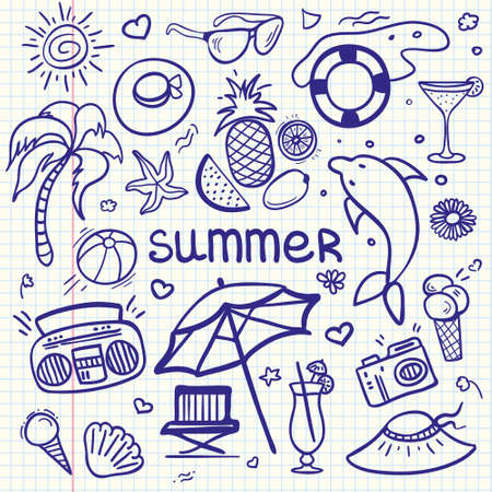 Vector sketchy line art Doodle cartoon set of objects and symbols for summer holidays.  Vector pen style doodle illustration for web, mobile and print.のイラスト素材