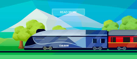Logistic routes train banner. Logistics train banner for industry, web and print. Flat style vector illustration of a train with railway carriage.のイラスト素材