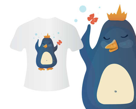 Penguin in a crown T-shirt concept. Vector isolated illustration for print, textile, web and clothes.のイラスト素材