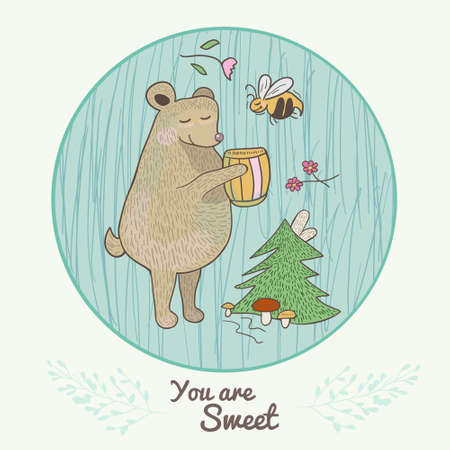 Bear with honey illustration for fairytales books. Bear and bee vector hand-drawn illustration.Illustration for baby room, nursery room, story book, print and design.のイラスト素材