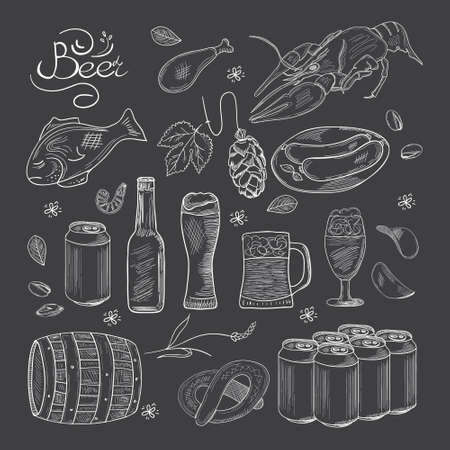 Beer hand-drawn doodle collection. Black and white Vector illustrations of beer and snacks. Icons for restaurants, menus, web and print.のイラスト素材
