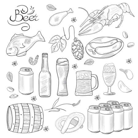 Beer hand-drawn doodle collection. Vector illustrations of beer and snacks. Icons for restaurants, menus, web and print.のイラスト素材