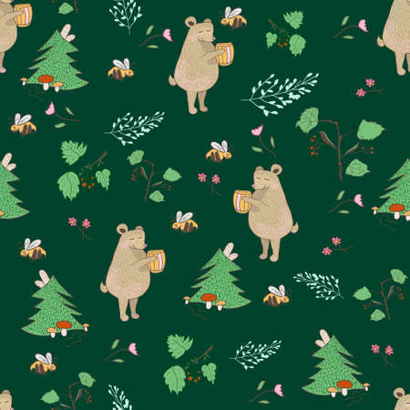 Bear and bee seamless pattern. Vector illustration with forest elements, bears and bees. Background for or baby room, nursery room, story book, print and design.のイラスト素材