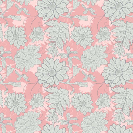 Camomile hand-drawn seamless pattern. Vector illustration for textile, surface, web, mobile and print. Camomile on pink background.のイラスト素材