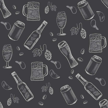 Beer hand-drawn doodle collection seamless pattern. Black and white vector illustrations of beer and snacks. Pattern for restaurants, menus, web and print.のイラスト素材