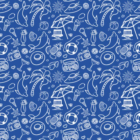 Summer holidays seamless pattern. Vector illustration for web, print, textile and advertisment. Hand-drawn summer doodle pattern on blue background.のイラスト素材