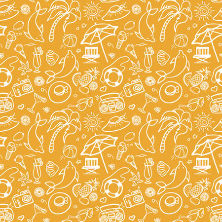 Summer holidays sand color seamless pattern. Vector illustration for web, print, textile and advertisment. Hand-drawn summer doodle pattern on yellow background.のイラスト素材
