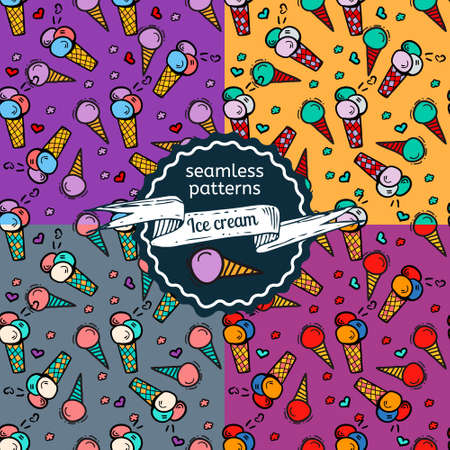 Ice-cream seamless patterns set. Ice-cream hand-drawn doodle patterns on colorful background. Vector illustration for web, mobile and print.のイラスト素材