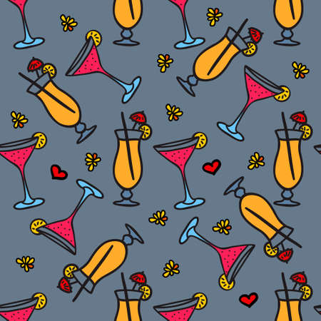 Cocktail seamless pattern.Cocktail hand-drawn doodle pattern on grey background. Vector illustration for web, mobile and print.のイラスト素材