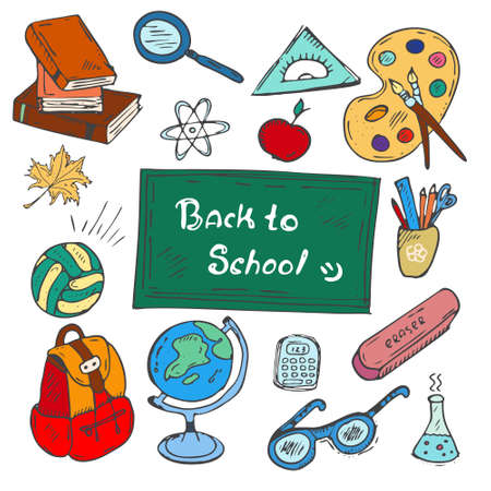 Colorful "Back to school" hand-drawn doodle set on white background. Multicolored vector illustrations of school supplies. Icons for classrooms, websites and mobile.のイラスト素材