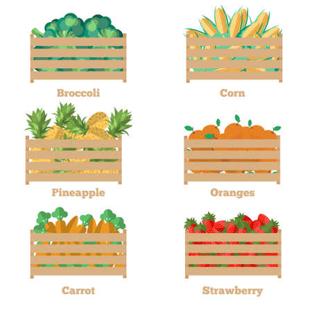 Wooden box with fruits and vegetables. Vector illustration of the harvest. Iisolated objects of fresh, natural food. Cart with product for supermarket. Diet and organic food template.のイラスト素材