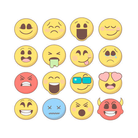 Set of emoticons, emoji isolated on white background. Set of vector emoji in flat style. Smiley emoticons collection. Emoticons for web, mobile, chat, print and games.のイラスト素材