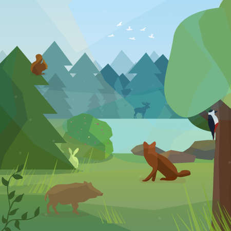Wild forest in low polygon style. Vector illustration of forest animals in low polygon style. Boar, woodpecker, fox, rabbit and elk vector illustration for web, mobile and print.のイラスト素材