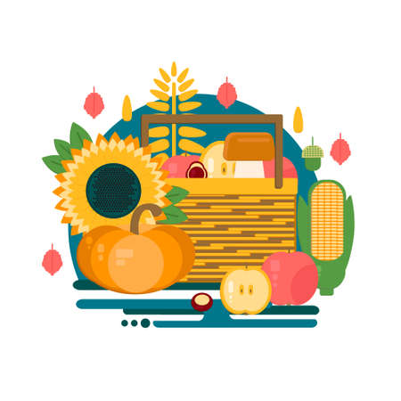Wooden crate with autumn fruits and vegetables. Vector illustration of autumn harvest in flat style. Background with fresh, natural foods. Cart with product buy in supermarket. Diet and organic food template.のイラスト素材
