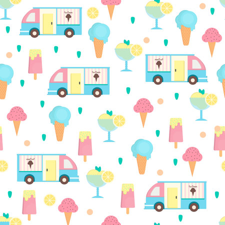 Ice cream seamless pattern in flat style. Background with eskimo, ice cream cone and sorbet and ice...
