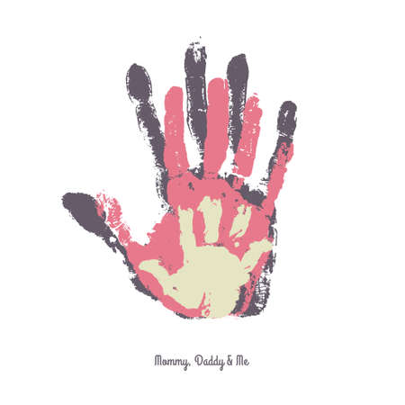 Watercolor handprint of family. Mom, dad and me vector illustration. Handprint of man, woman and child.のイラスト素材
