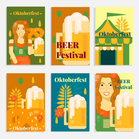 Oktoberfest banners and cards in flat style. Vector illustration for october festival with beer, pretzel, tent and waitress.のイラスト素材