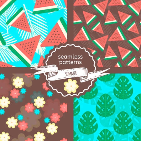 Set of summer patterns with watermlon, palm leaves and flowers. Vector illustration for web, print, textile.Colorful background design.のイラスト素材