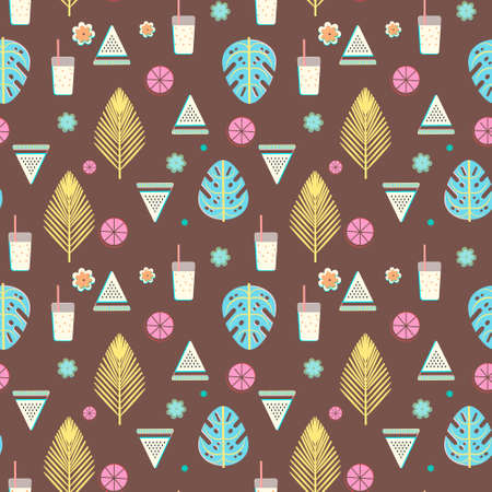 Tropical cocktail seamless pattern with palm leaves, watermelon and lemons.Vector natural background design for web, print, textile, fabric and wrapping.のイラスト素材