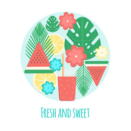 Tropical cocktails with fresh fruits in flat style. Vector illustration with palm leaves and fresh drink. Summer holidays design.のイラスト素材