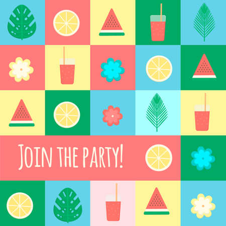 Tropical cocktails and palm leaves concept vector background. Fruits and flowers backdrop. Vector illustration of summer holidays.のイラスト素材