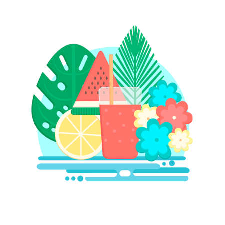 Tropical cocktails with fresh fruits in flat style. Vector illustration with palm leaves and fresh drink. Summer holidays design.のイラスト素材