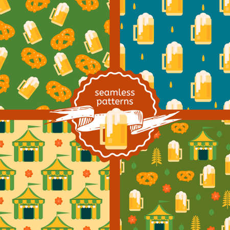 Set of beer theme patterns. Beer and pretzel, beer tent and beer mug backgrounds. Vector patterns for festivals, bars, restaurants and menu.のイラスト素材