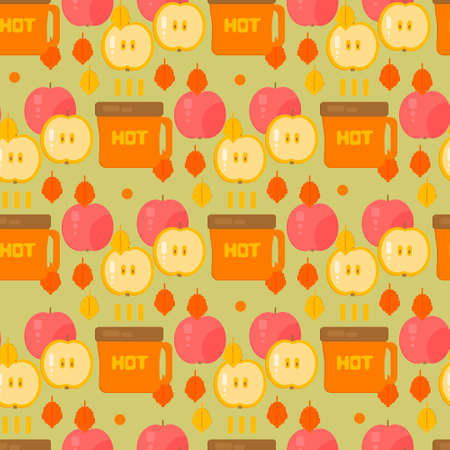 Coffe and apples pattern. Autumn vector background. Backdrop for wrapping, wallpaper, textile.のイラスト素材