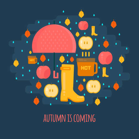 Autumn rain composition in flat style.  Fall illustration with umbrella, hot coffe and rubber boots. Vector flat style concept.のイラスト素材