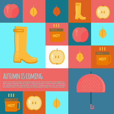 Autumn stuff  icons in flat style. Vector fall rain concept icons with dry fall leaves, umbrella, rubber boots and hot coffe for web, mobile,  party invitations, sale, advertising.のイラスト素材