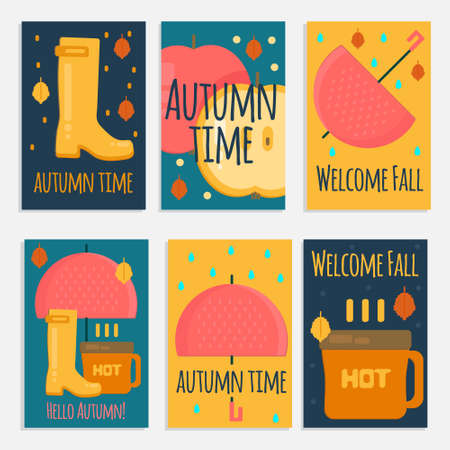 Autumn stuff  banners in flat style. Vector fall rain concept cards withdry fall leaves, umbrella, rubber boots and hot coffe for web, mobile,  party invitations, sale, advertising.のイラスト素材