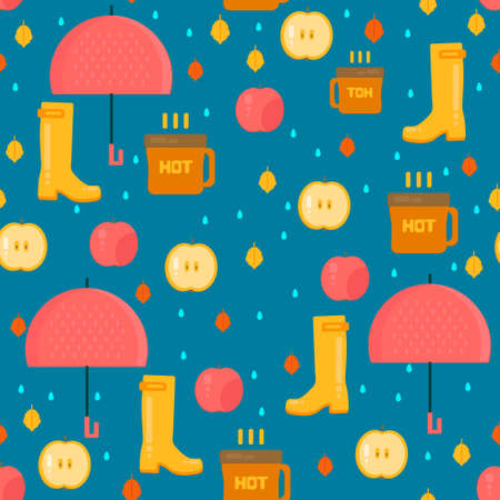 Autumn stuff pattern. Vector background with dry fall leaves, umbrella and rubber boots. Illustration for autumn sales, advertisement, party invitations.のイラスト素材