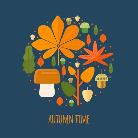 Autumn foliage composition in circle shape. Fall theme banner with leaves, mushroom and acorns in flat style. Flat vector illustration.のイラスト素材