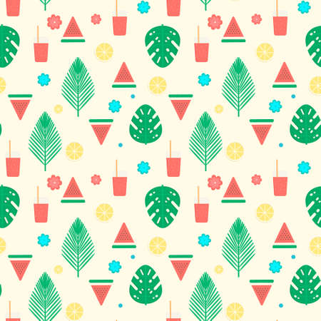 Tropical cocktail seamless pattern with palm leaves, watermelon and lemons.Vector natural background design for web, print, textile, fabric and wrapping.のイラスト素材