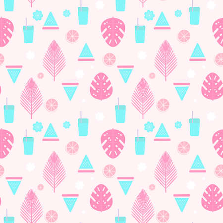 Tropical cocktail seamless pattern with palm leaves, watermelon and lemons.Vector natural background design for web, print, textile, fabric and wrapping.のイラスト素材