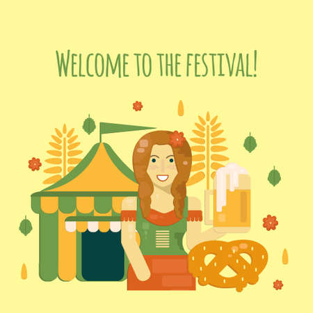 Oktoberfest poster with beer, pretzel, tent and waitress. Octoberfest vector illustration in flat style for festive banners, advertisement and web.のイラスト素材
