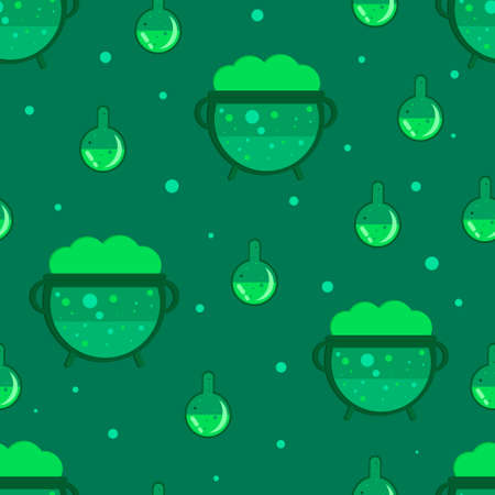 Magic cauldron seamless pattern. Green witches cauldron background. Flat style vector illustration.のイラスト素材