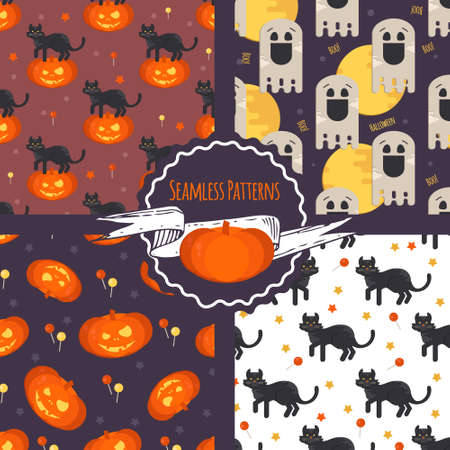 Halloween concept seamless patterns set. Halloween backgrounds with pumpkin, ghost, cat, lollipop. Vector illustration in flat style.のイラスト素材